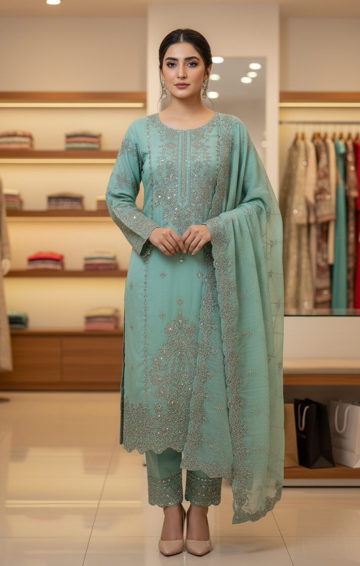 Embroidered Chiffon Dress – Elegant 3-Piece Party Wear