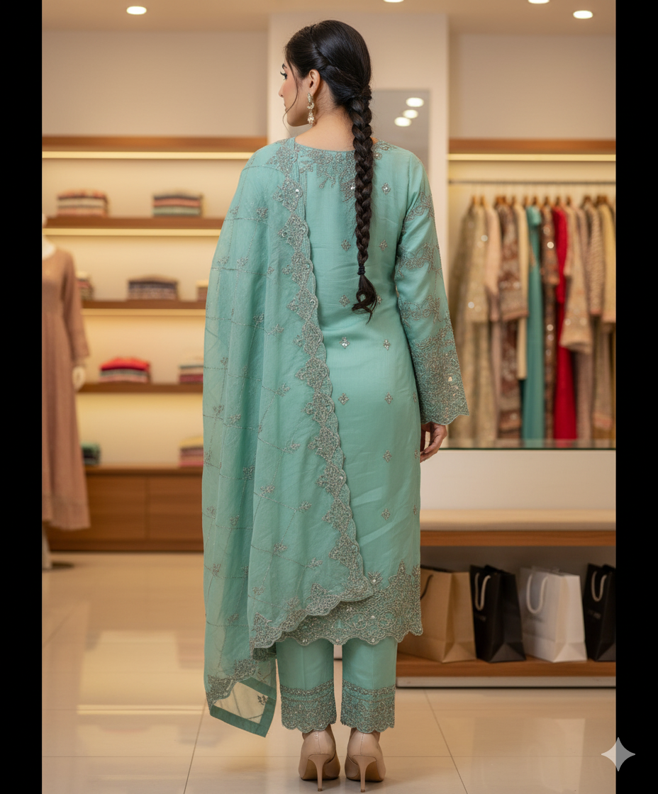 Embroidered Chiffon Dress – Elegant 3-Piece Party Wear