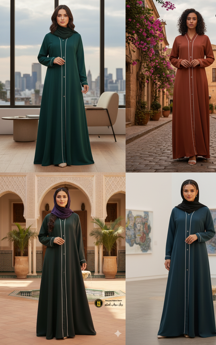RUHBEY Elegant  Front-Open Abaya with White Piping | Modest Style