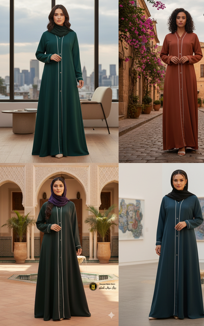 RUHBEY Elegant  Front-Open Abaya with White Piping | Modest Style