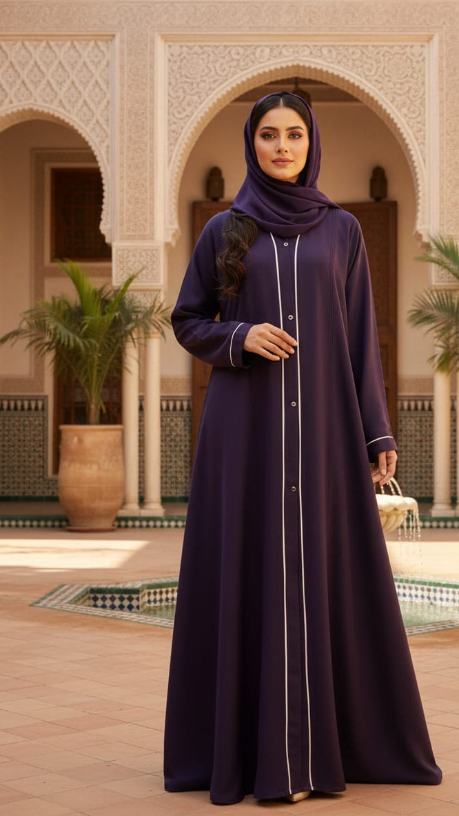 RUHBEY Elegant  Front-Open Abaya with White Piping | Modest Style