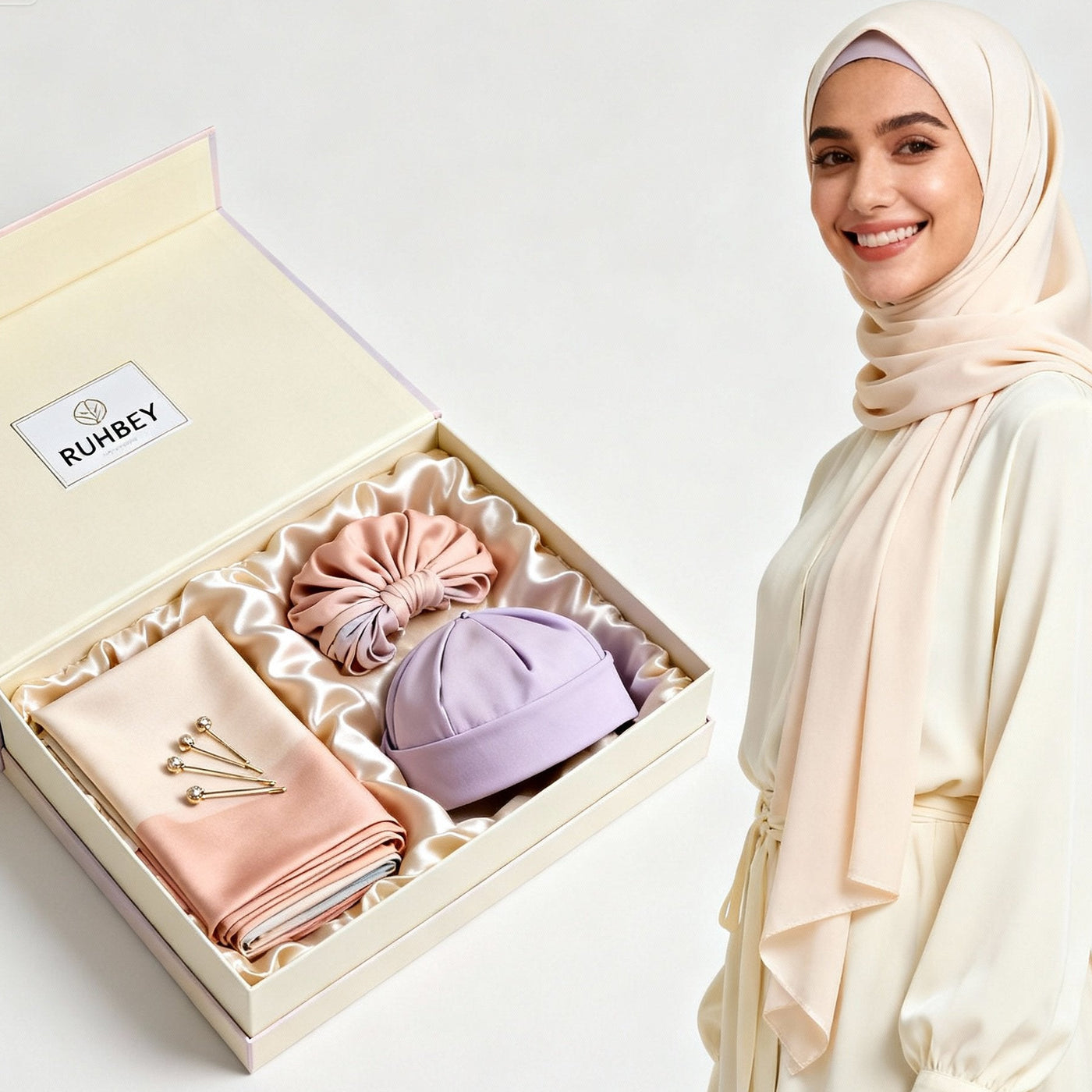 Premium Hijab Box by RUHBEY – Hijab, Pin, Cap & Free Gift Inside