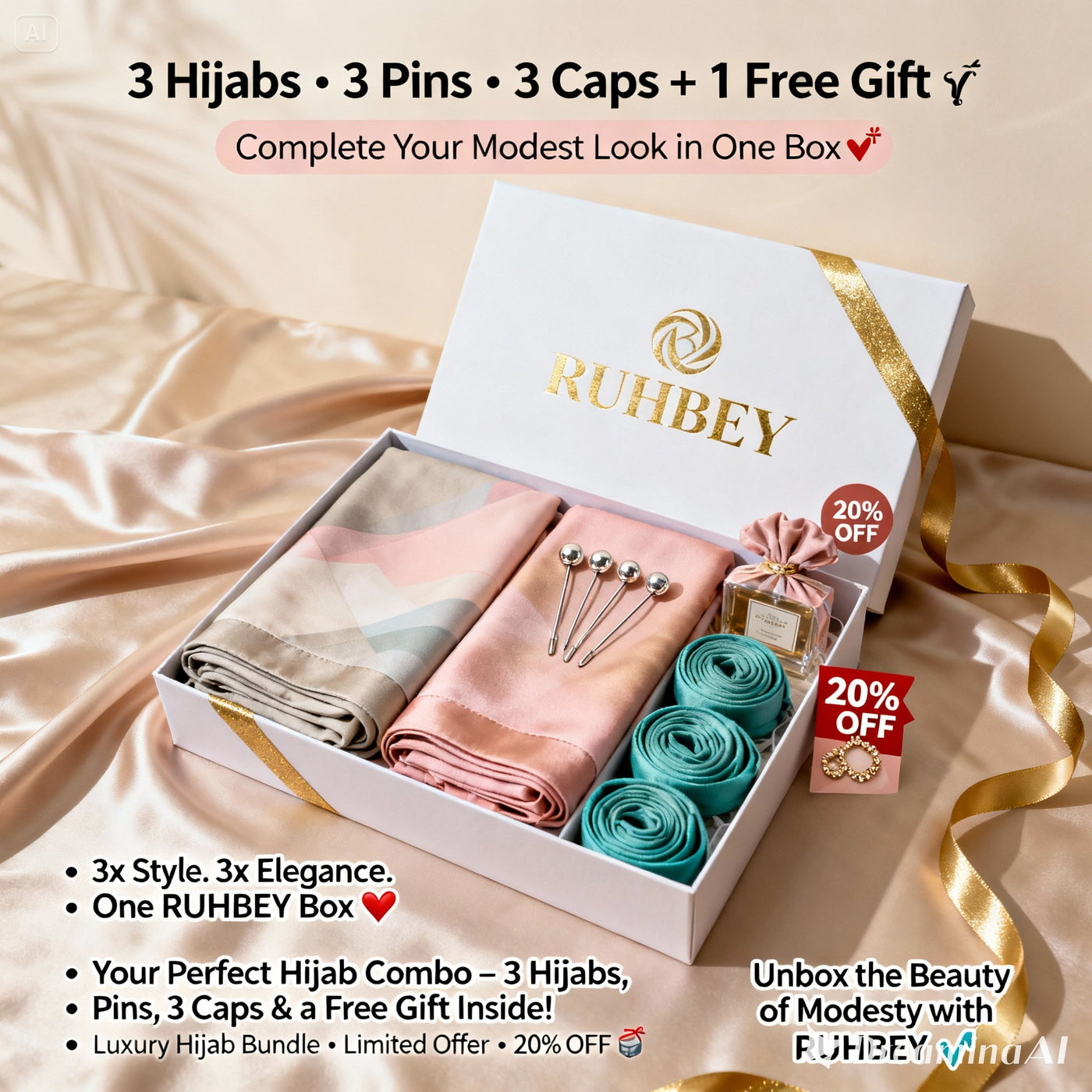 Premium Hijab Box by RUHBEY – Hijab, Pin, Cap & Free Gift Inside