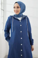 Light Blue Hoodie Abaya with Side Pocket - Image 5