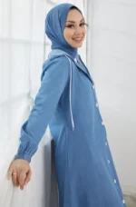 Light Blue Hoodie Abaya with Side Pocket - Image 4