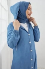 Light Blue Hoodie Abaya with Side Pocket - Image 6