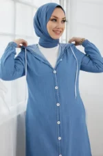 Light Blue Hoodie Abaya with Side Pocket - Image 8