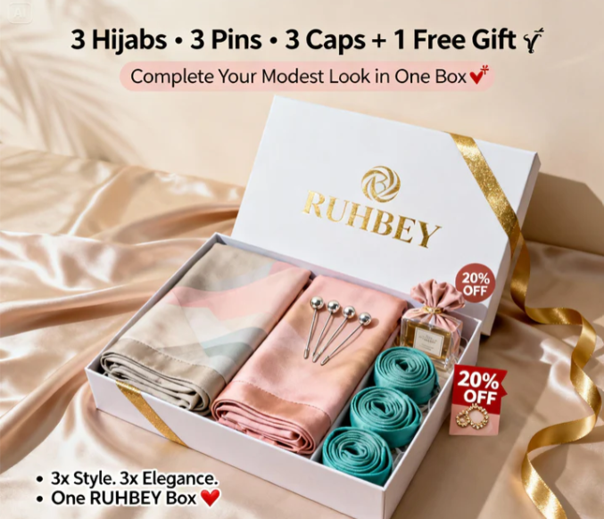 Product details of Premium Hijab Box by RUHBEY – Hijab, Pin, Cap & Free Gift Inside