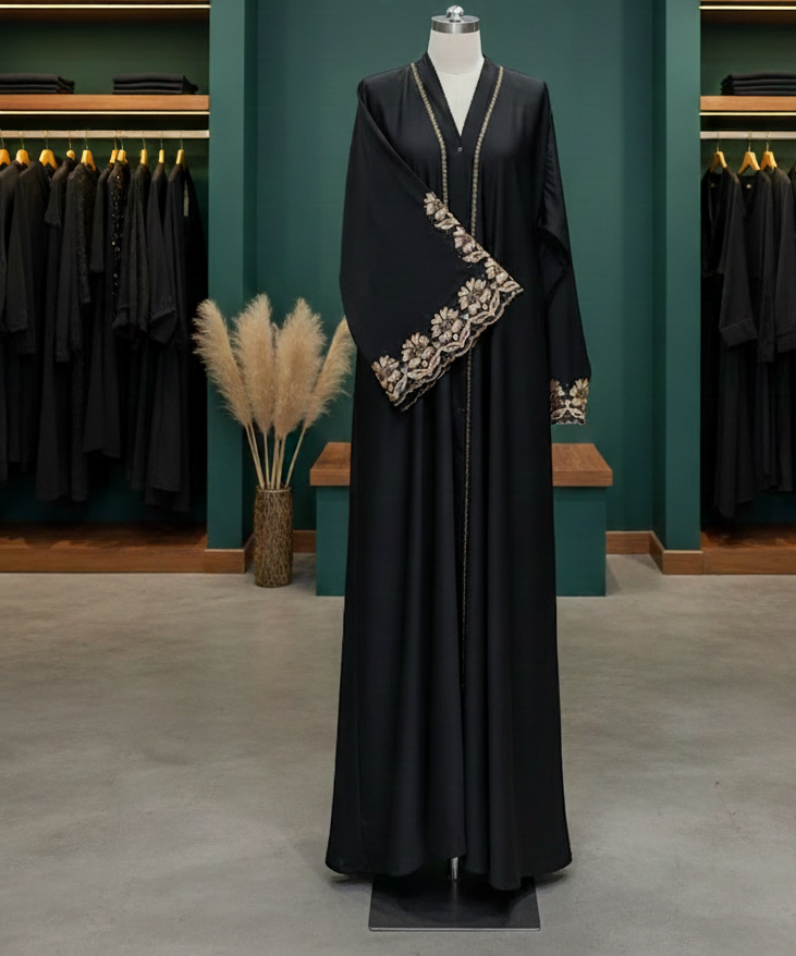 Premium Black Open Abaya with floral patterns on the sleeves for a touch of luxury