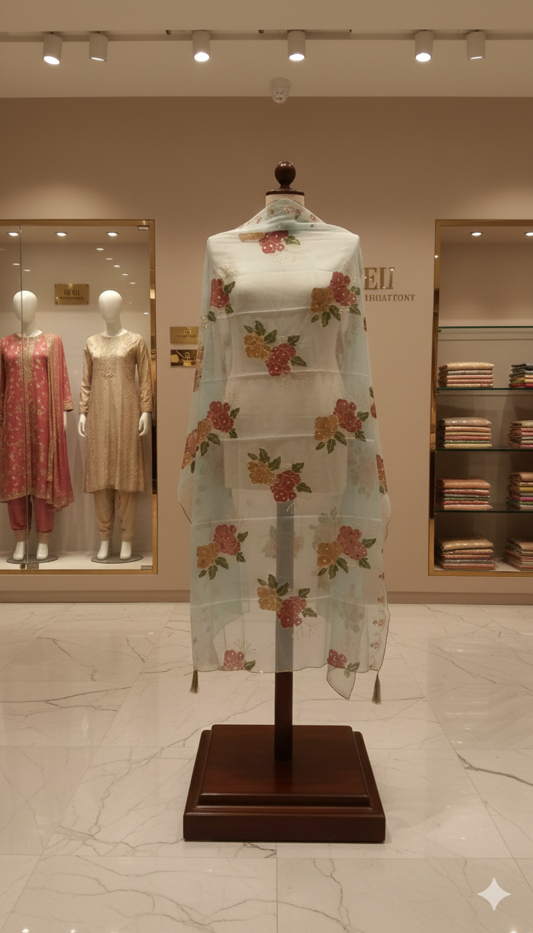 Premium Floral Embroidered Organza Dupatta – Luxury Branded Outlet Edition