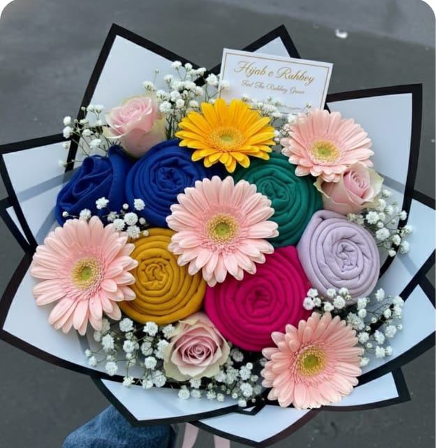 Premium Hijab Bouquet for Nikah, Brides, and Eid Gifts| Multi-Color Hijab Flower Bouquet (All Colours Available)Can be made according to your choice. - Image 3