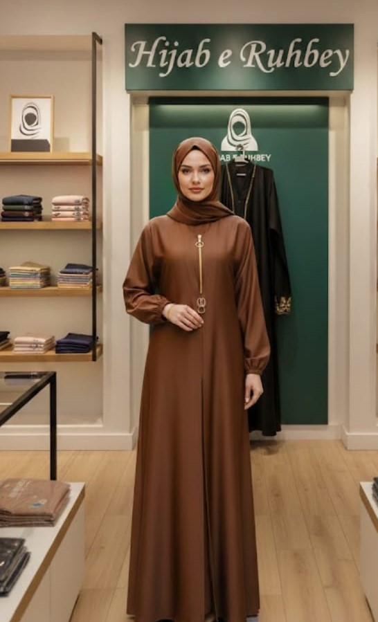 Modern Chocolate Brown Zipper Abaya – Elegant Modest Front-Open Maxi style 2026